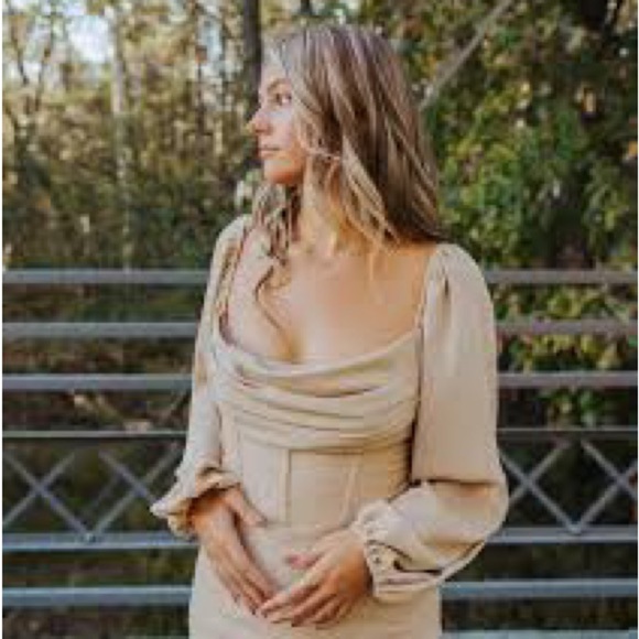 Princess Polly Lillie Tan Balloon Long Sleeve Corset Cowl Neck Mini Dress Size 2 - Picture 5 of 12